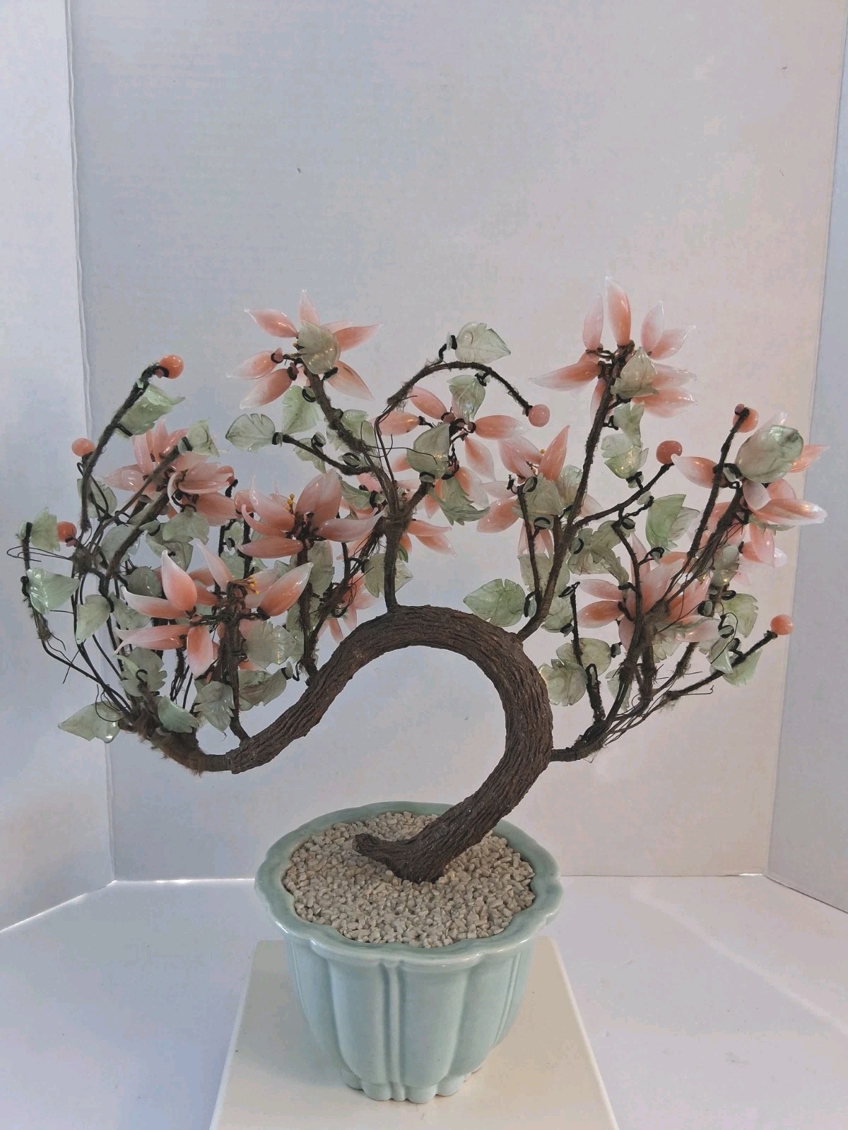Vtg! XL Asian Bonsai Jade Glass & Coral Color Quartz Flowering Tree;14.5″x 13.0″