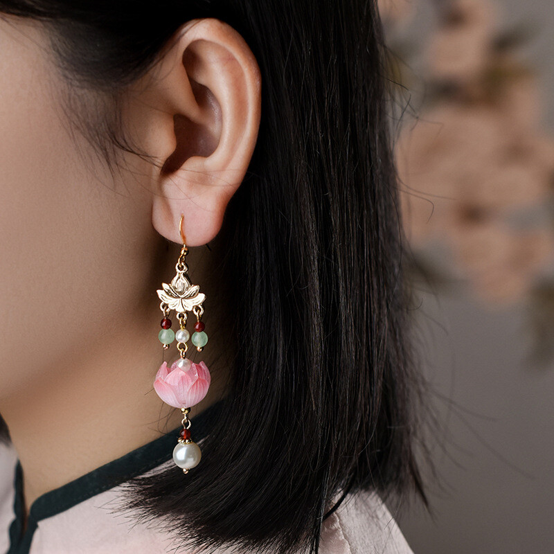 China Agate/Coloured Glaze/Pearl Lotus Flower Tibetan Style Earbob Earrings