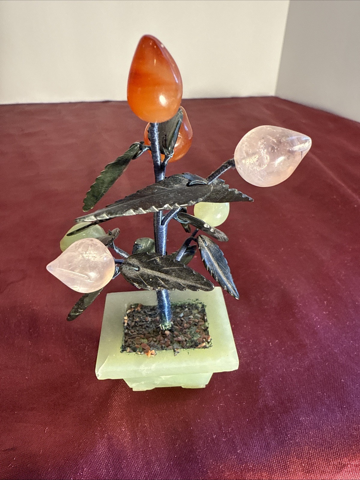 Vintage Jade & Gemstone Bonsai Tree – Carnelian Rose & Jade Floral Sculpture 5″