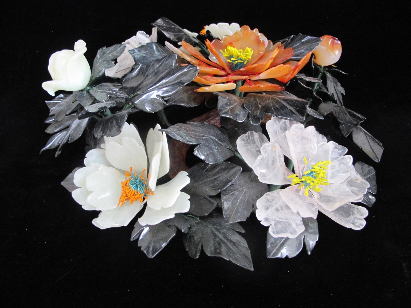 CHINESE Carved Jade Carnelian & Quartz Hardstone FLOWER Centerpiece