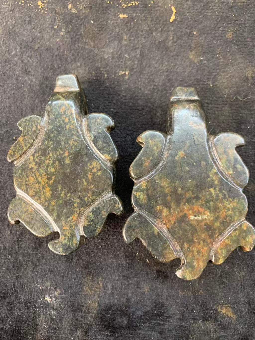 2Pcs Wonderful Chinese Old Jade Hand Carved *Legendary Dragon-Turtle* Statues