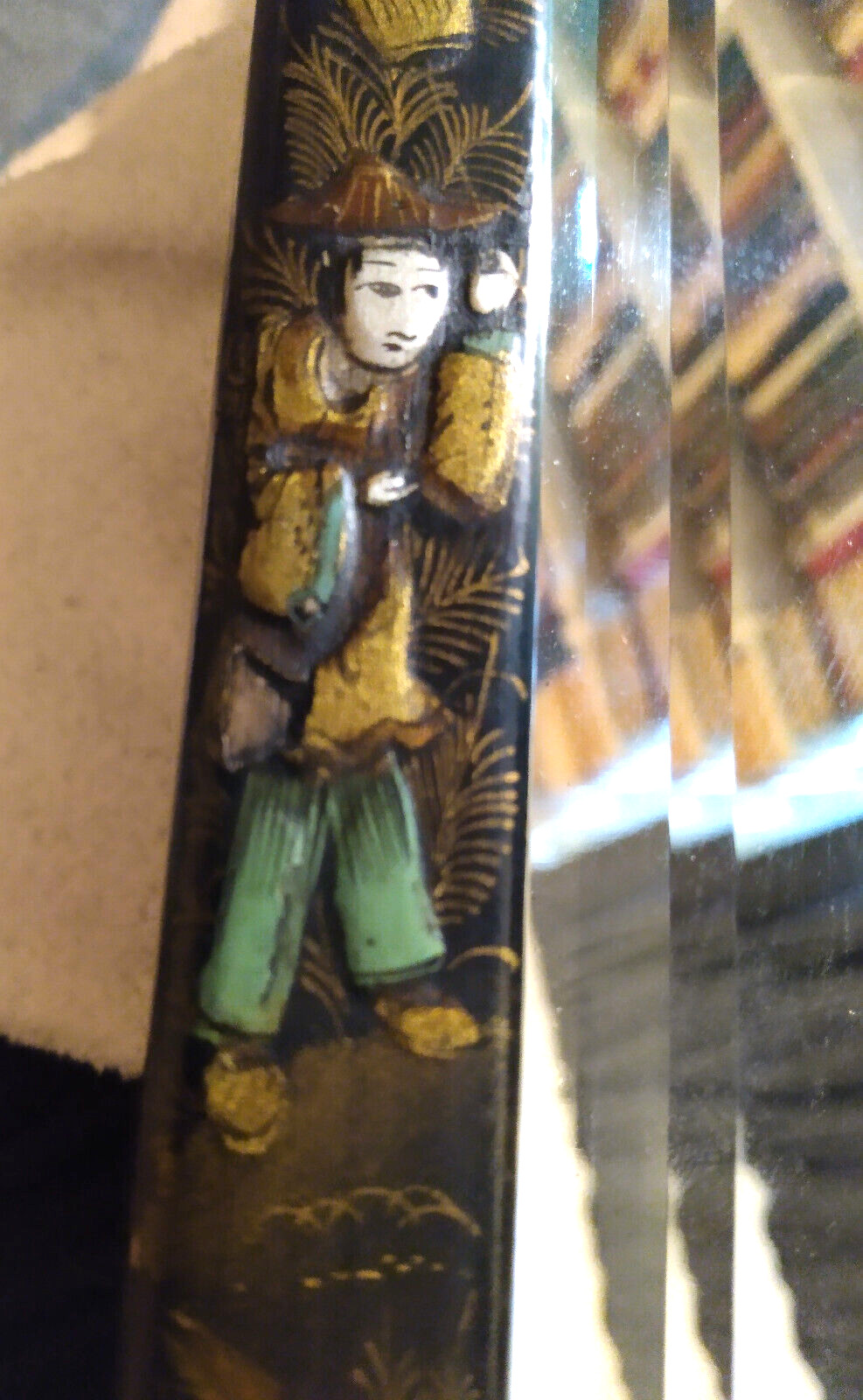 ANTIQUE CHINESE MIRROR, c 1900. HAND-PAINTED WOOD w ORIGINAL GLASS 10″ x 13″