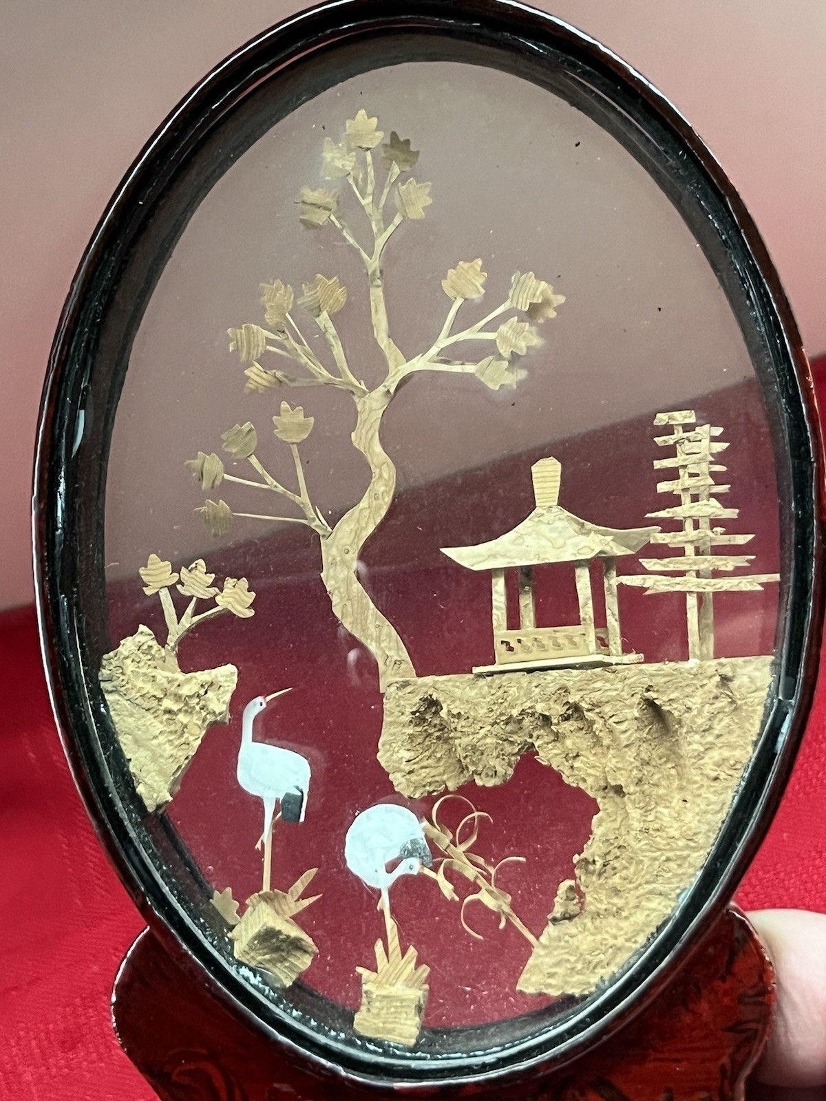 8” CHINESE 3D CARVED CORK ART DIORAMA OVAL GLASS SHOWCASE CRANES PAGODA TREES