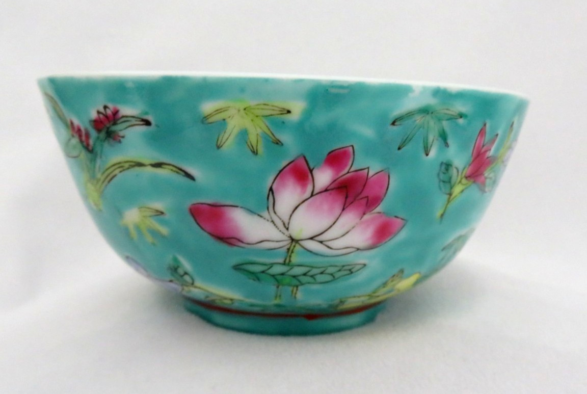 Vintage Chinese Fine Porcelain Turquoise Blue Famille Rose Rice Soup Bowl #2