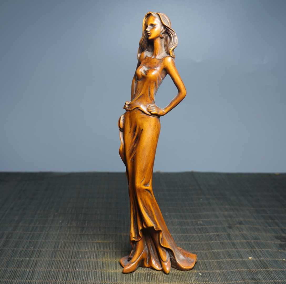 8.7″ Collect China Box-wood Carving Elegant Lady Beauty Modern Art Sculpture