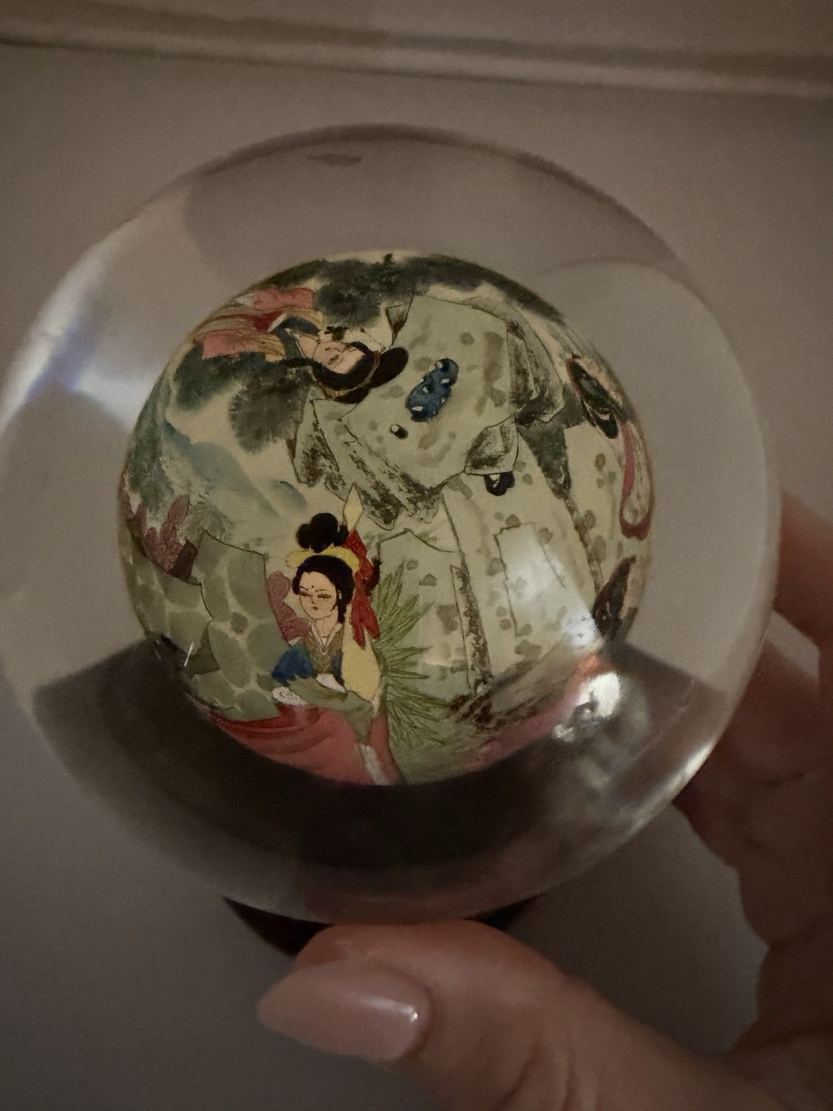 Chinese Handmade Inside Painted Glass Sphere with Wooden Stand