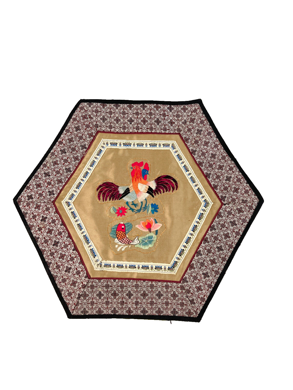 Chinese Silk Hand Embroidered Panel Hexagon 12.25″ X 10.75″ Rooster & Koi Fish