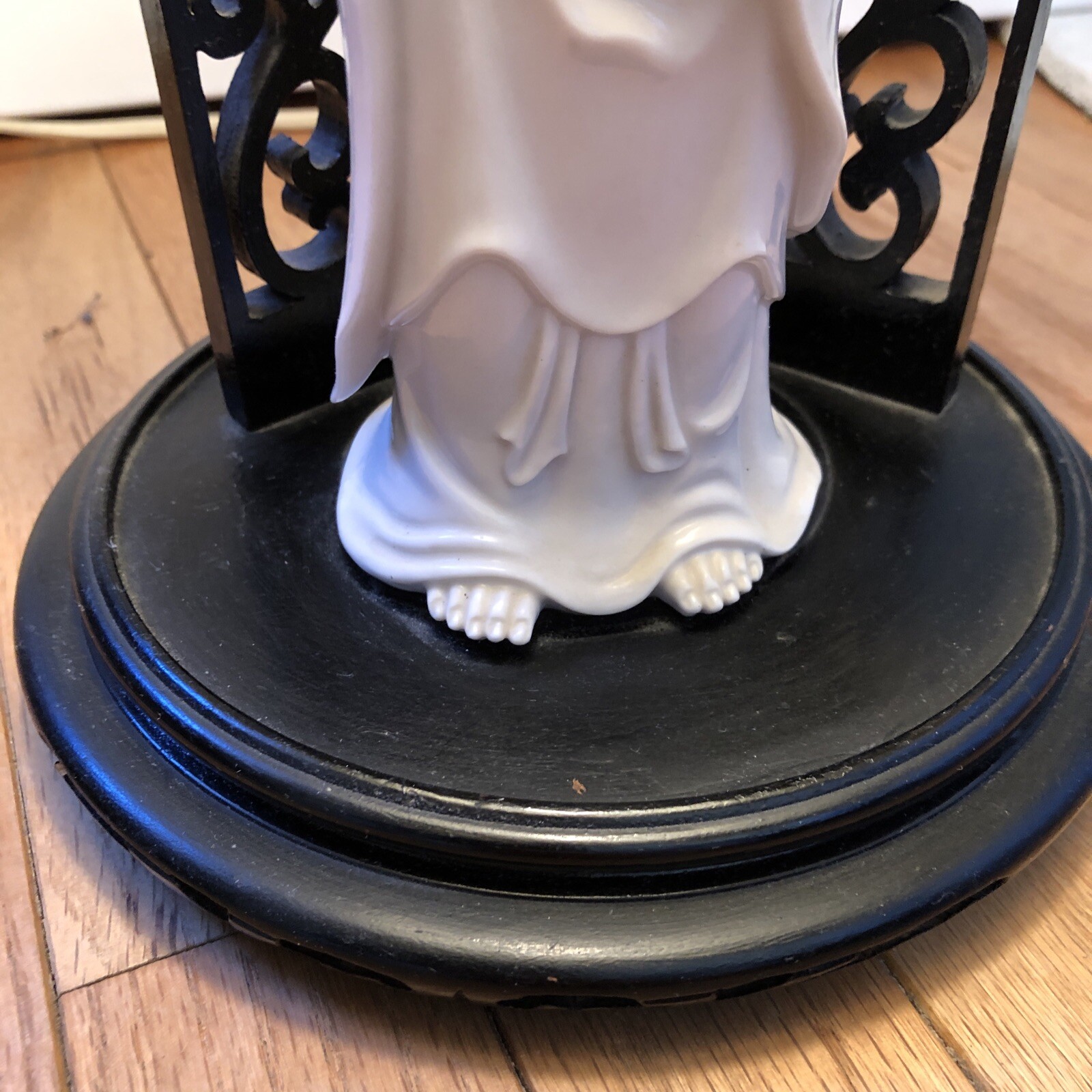 Blanc De Chine Buddha Figurine Lamp Green Shade Wooden Stand Vintage Asian Boho