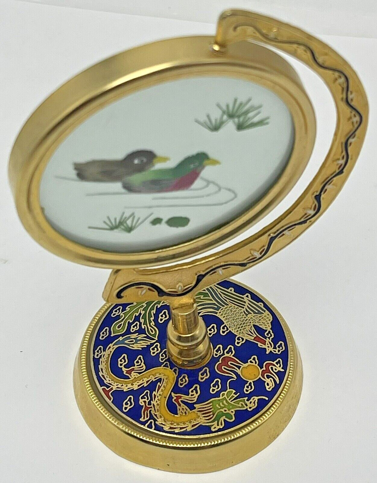 Asian Embroidered Silk Ducks in Brass Cloisonne Rotating Frame Painted Enamel