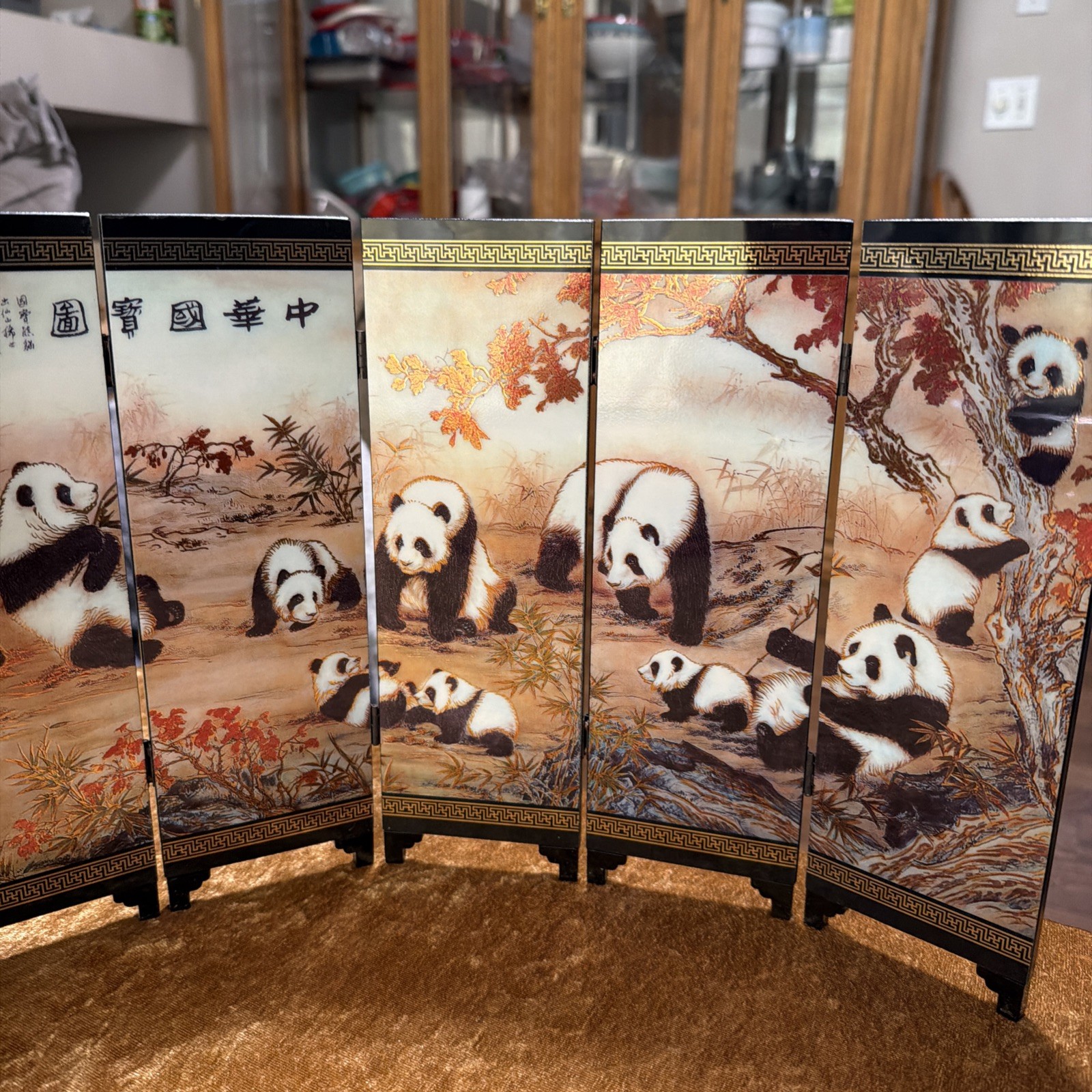 An Imitation Of An Ancient Small Screen 6 Folding Lacquered Panels Giant Pandas