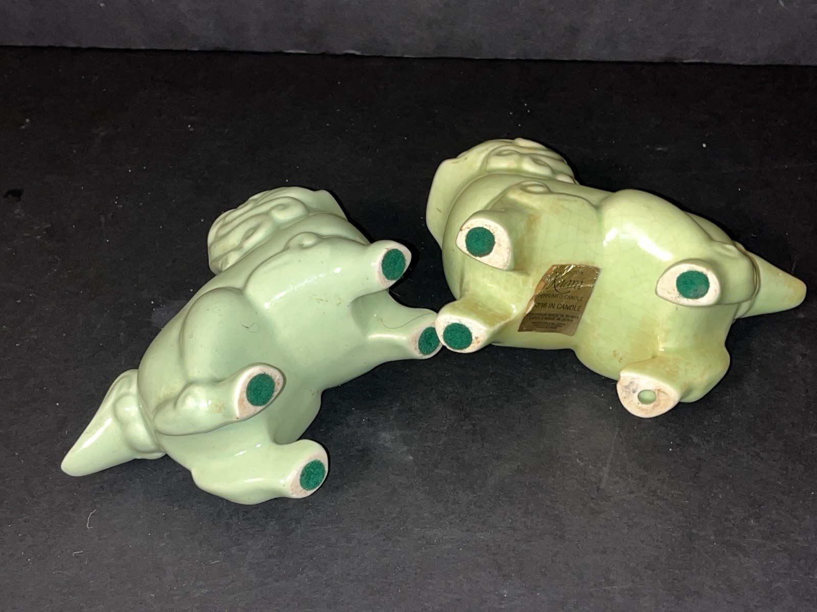 Pair MCM Oriental Foo Dog Tealight Candle Holders Khara Lions Vtg Green Asian