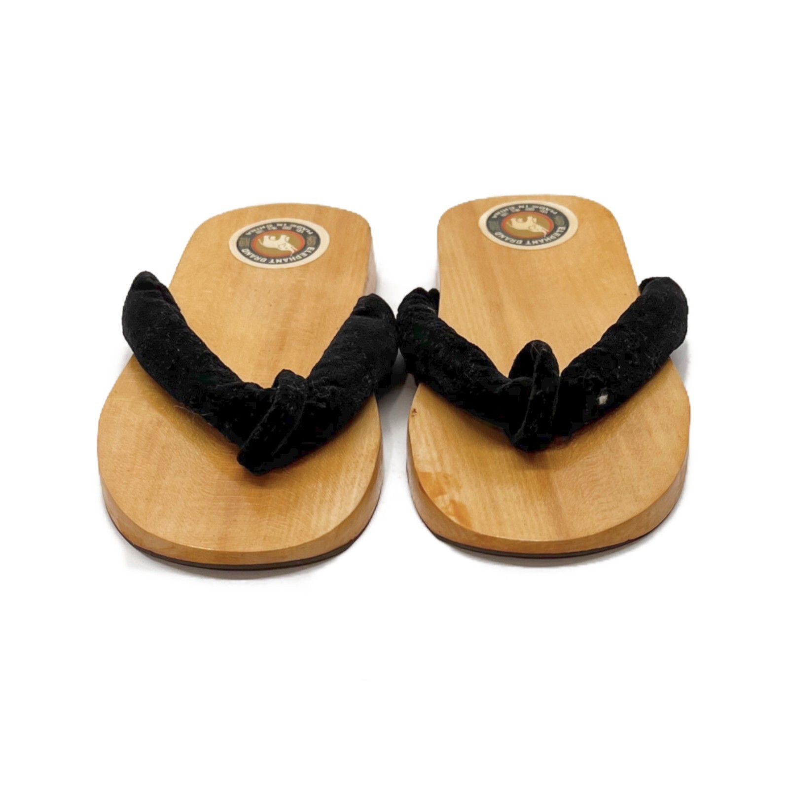Vintage Elephant Brand Chinese Wooden Sandals Geta Style Black Velvet Strap 7.5″