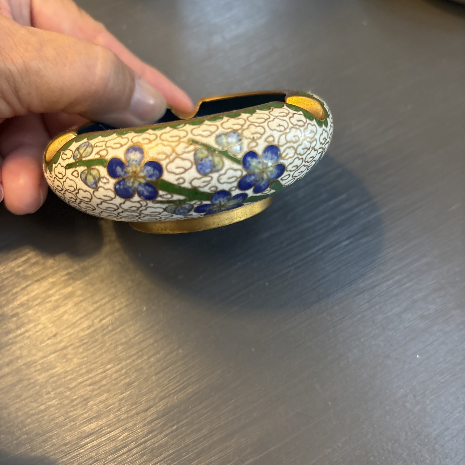 Chinese Asian Floral Cloisonné Enamel Brass Ashtray Blue Green Gold Vintage