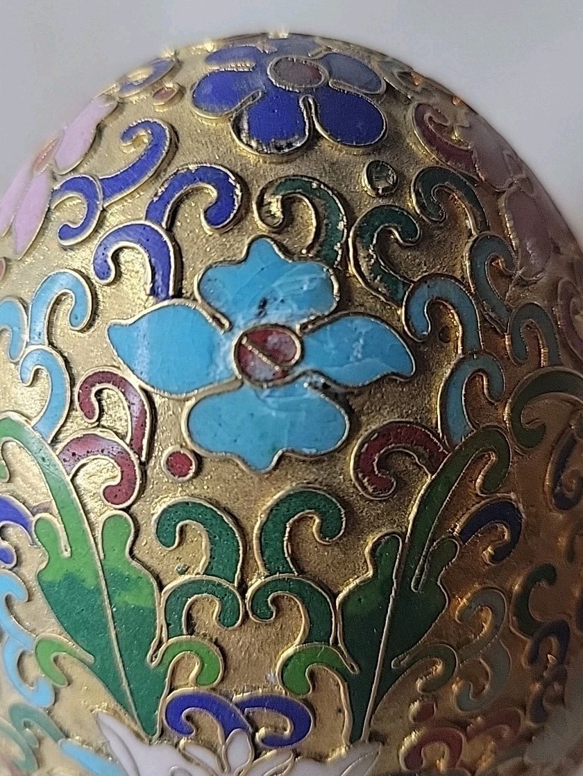 Vintage Cloisonne Egg Wooden Stand Gold Tone Blue Pink White Floral Design 6.5 “