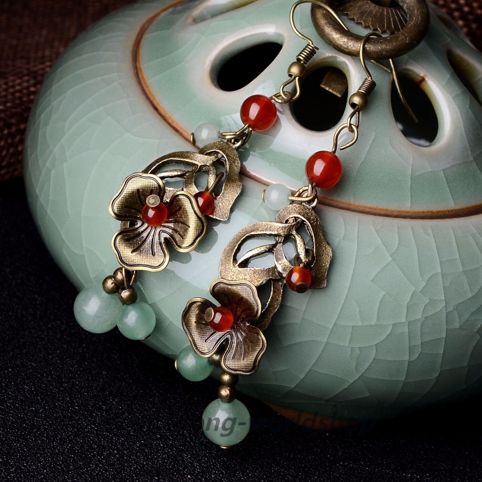 China Red Agate/Dongling Jade Alloy Tibetan Style Exquisite Earbob Earrings