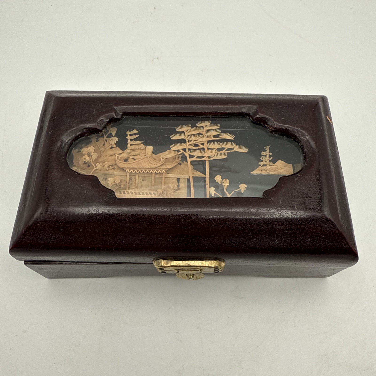 Asian Jewelry Wood Box Diorama Cork Art Pagoda Scene Brass