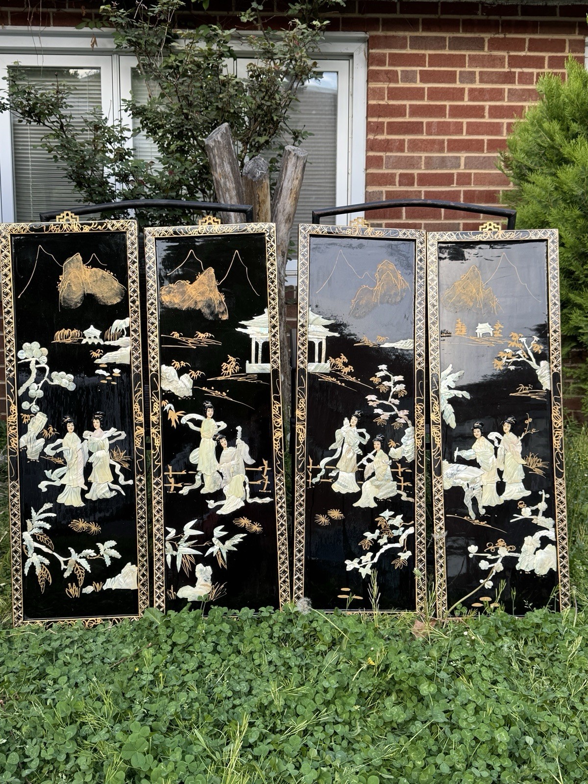 4 Vintage MCM Chinese Mother Of Pearl And Black Lacquer Panels 36 X 12