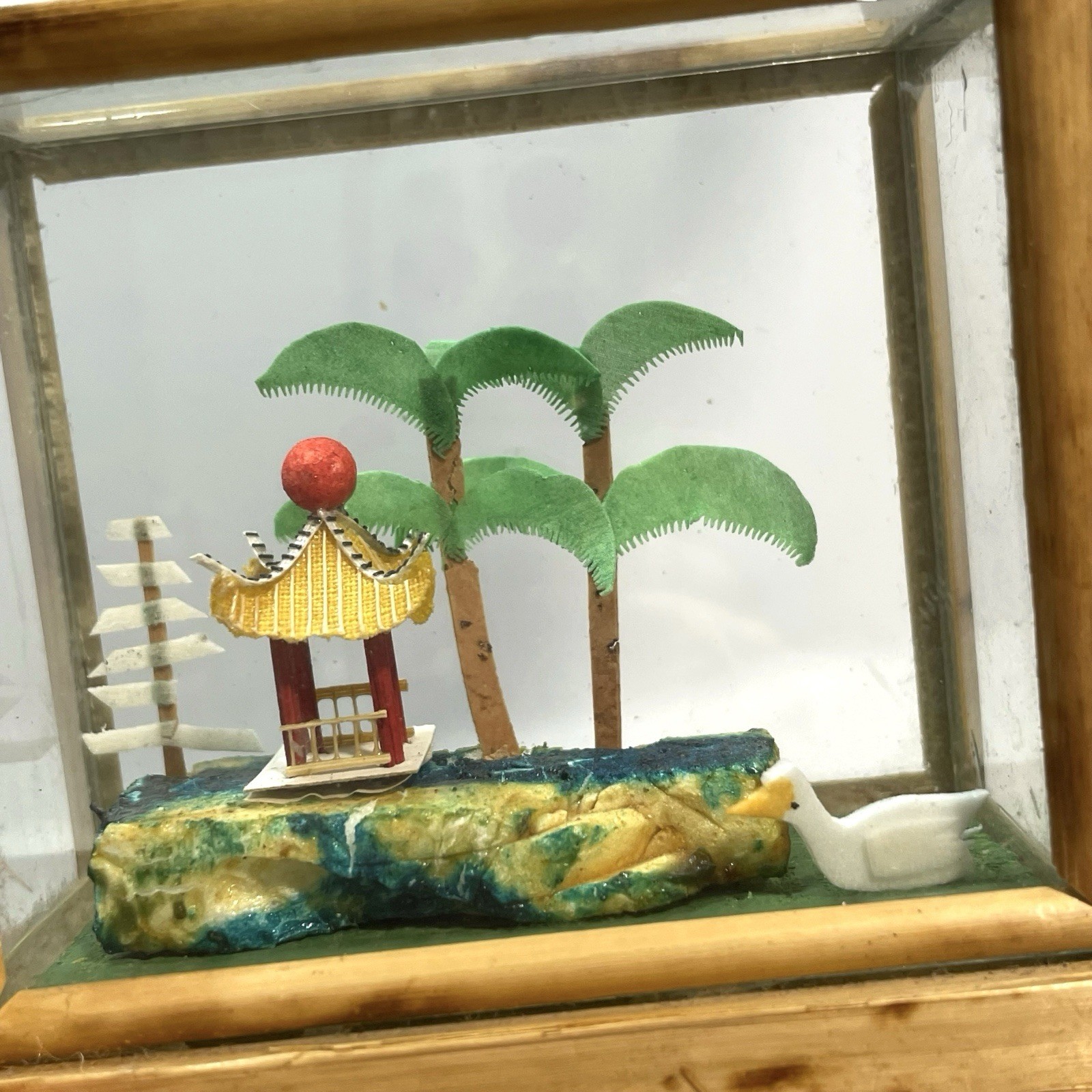 Vintage 1950s Miniature Pagoda Diorama in Bamboo Glass Case – Asian Artwork