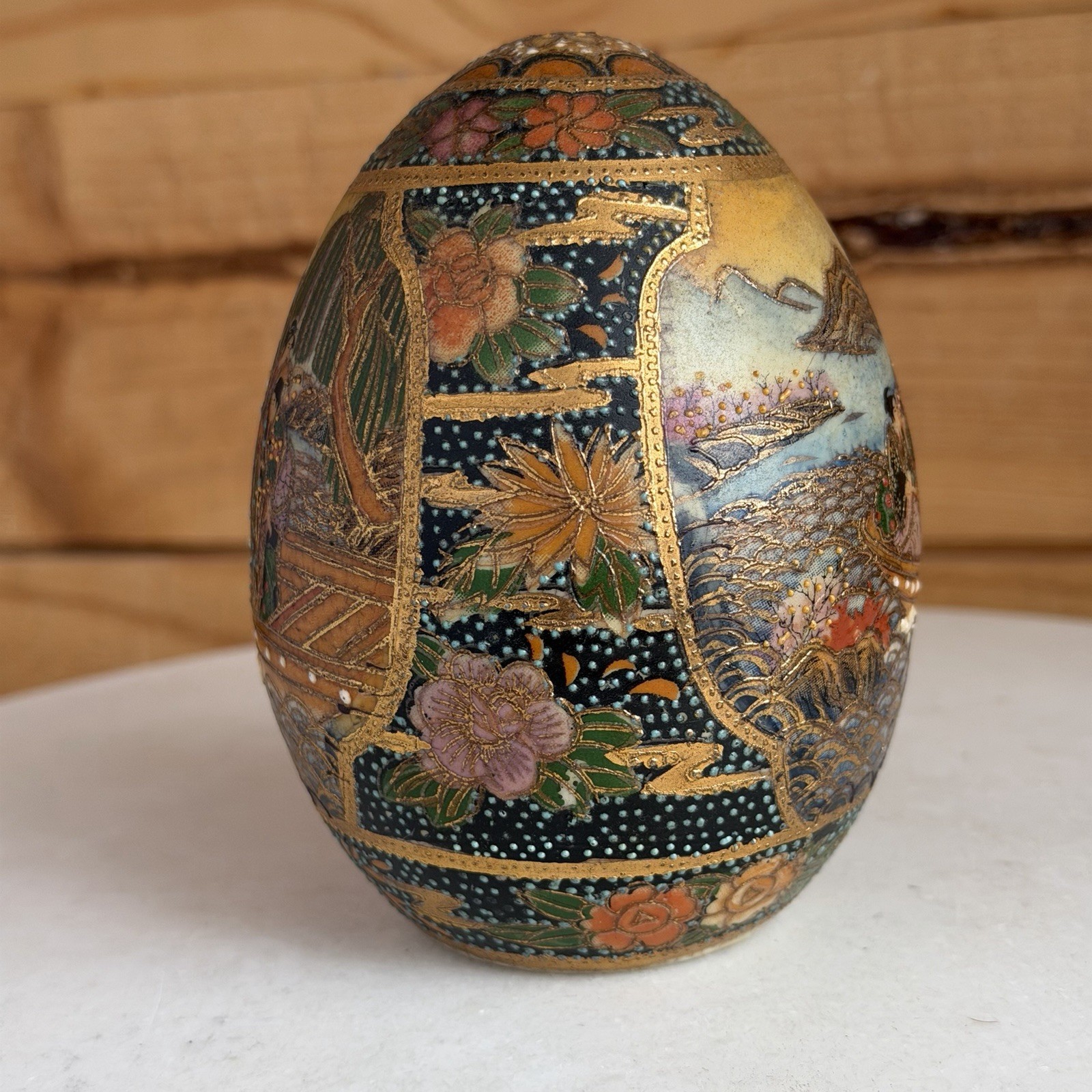 Vintage Hand Painted Satsuma Porcelain Egg Geisha Girl Flowers Boat Motif 4.5 in