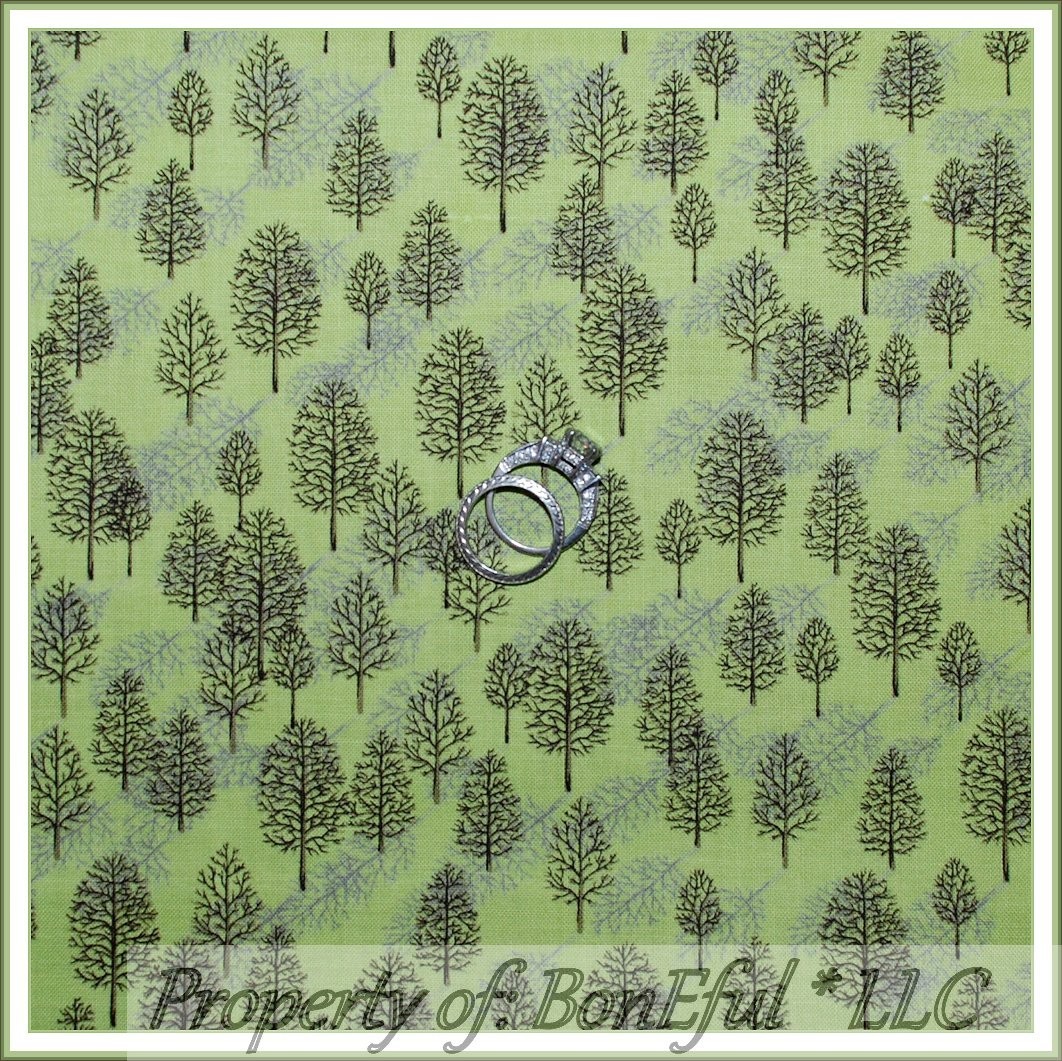 BonEful Fabric FQ Cotton Quilt Winter Scenic Forest Wood Tree Brown Silver Green