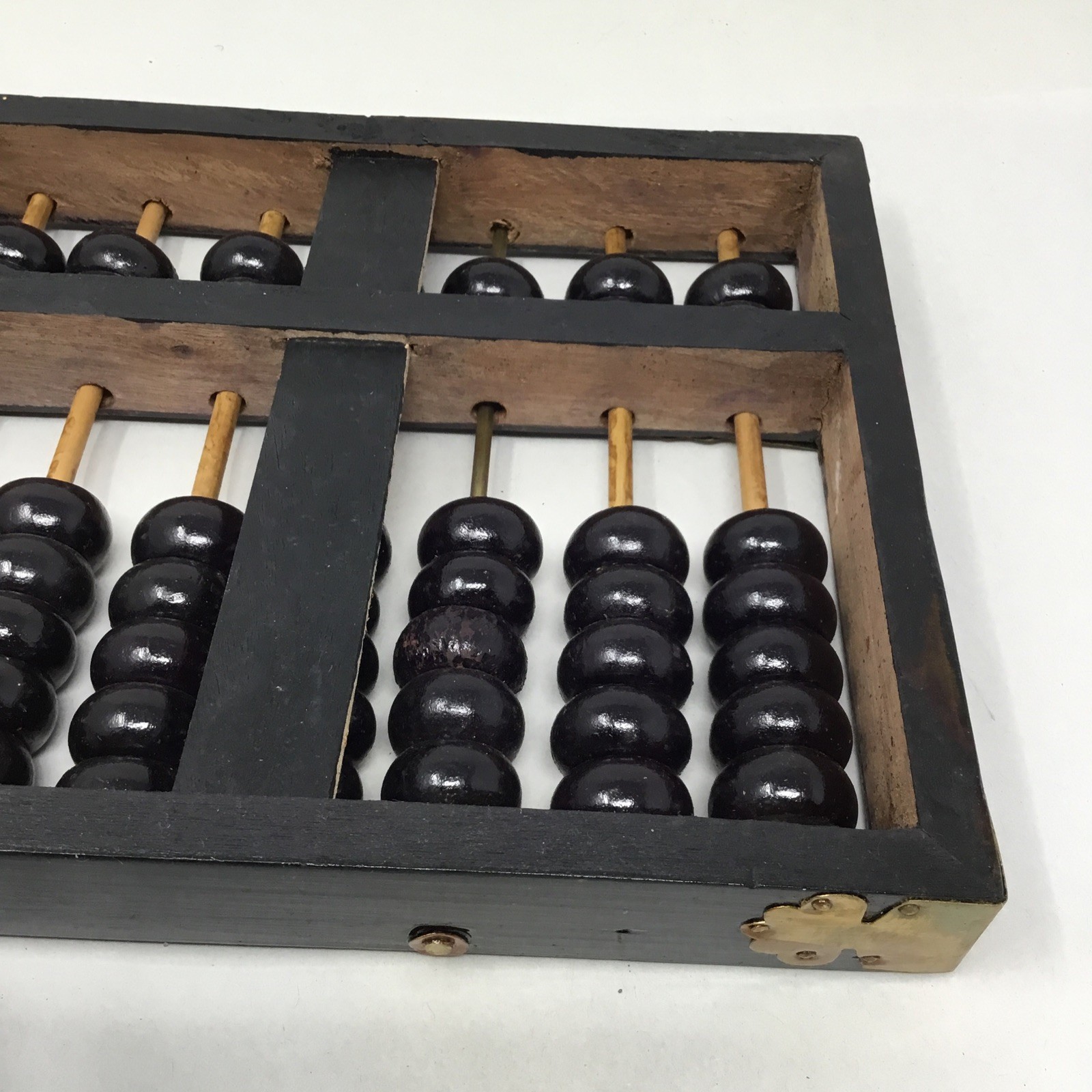 Vintage Chinese Abacus Wood & Brass Lotus Flower Brand Calculator 11 Row 77 Bead