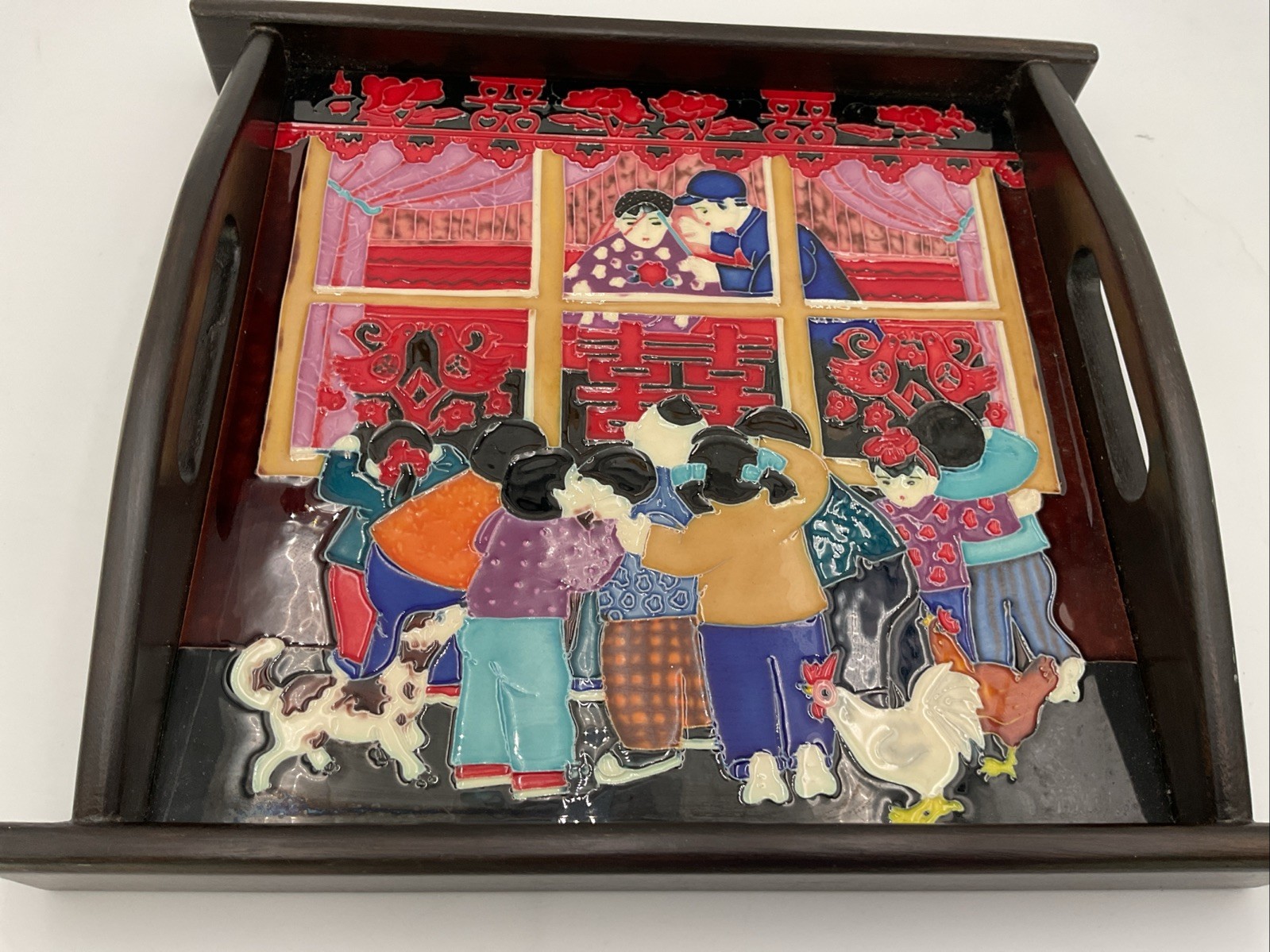 Decorative Serving Tray W/Ceramic Inlay Depicting Chinese Celebration
