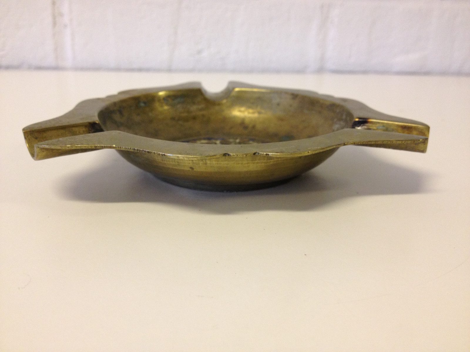 Vintage Antique Chinese Brass Ashtray w/ Enamel, Bats & Symbol Decoration
