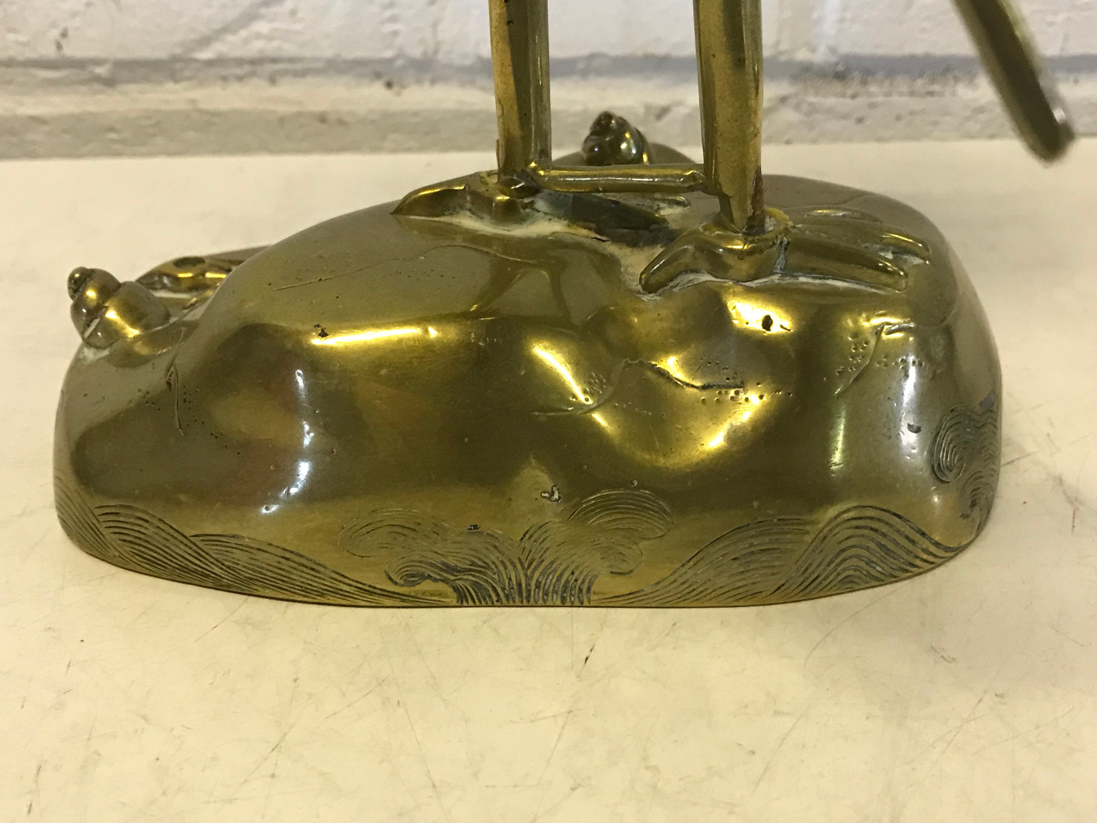 Vintage Possibly Antique Chinese Brass Candle Holder w/ Crane Flower & Turtle