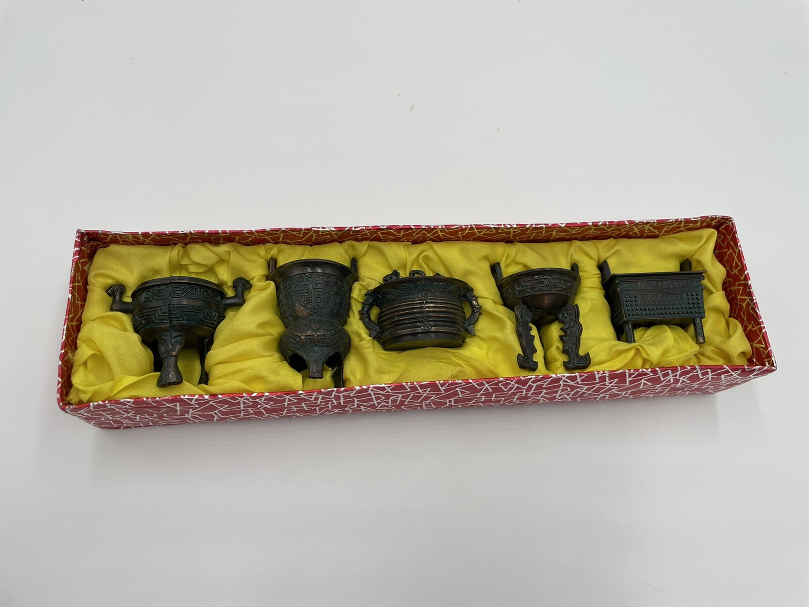 Vintage Chinese Bronze Tripods, Set of 5 Unique Vessels, Miniature Reproductions