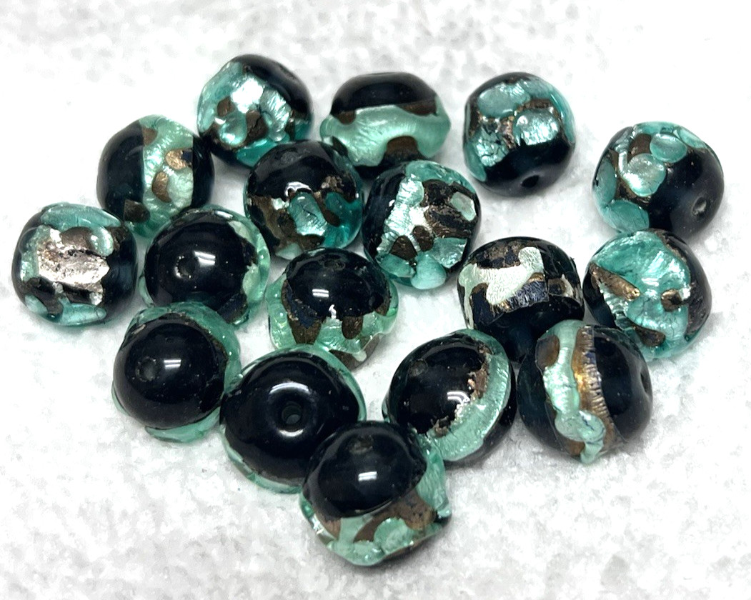 17 Vintage Art Glass Beads Teal Foil w Glossy Black Rounds 1/2″