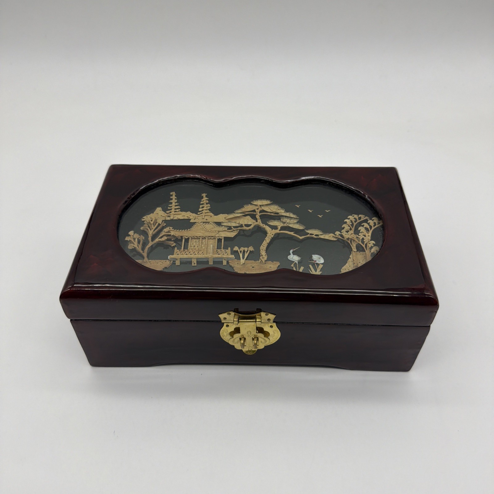 San You Asian Jewelry Wood Box Diorama Cork Art Pagoda Scene Brass