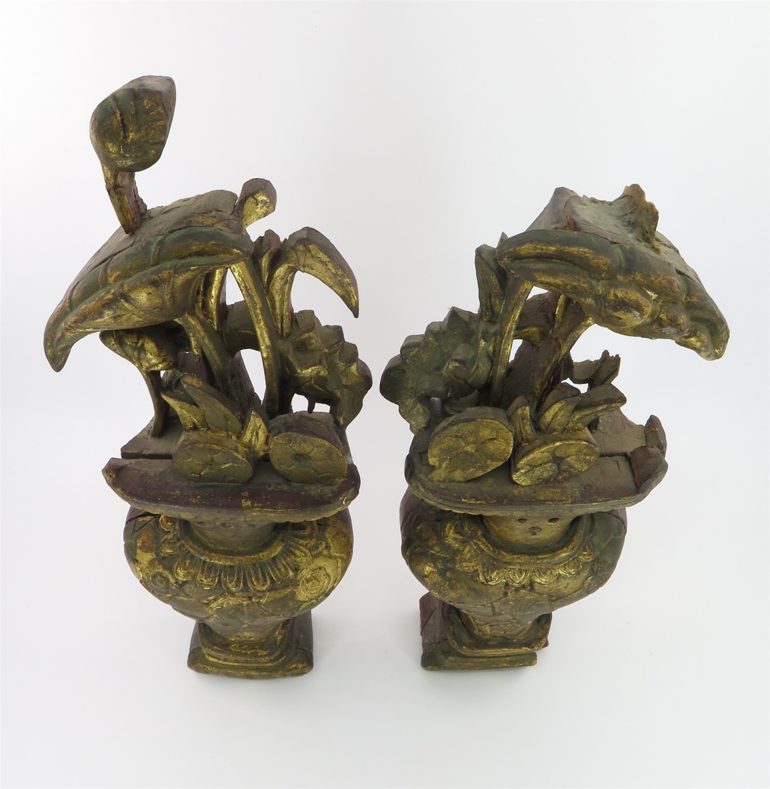 2 Vintage Carved Wood Gilt & Red Chinese Decorative Wall Sculptures 13″ T x 4.5″