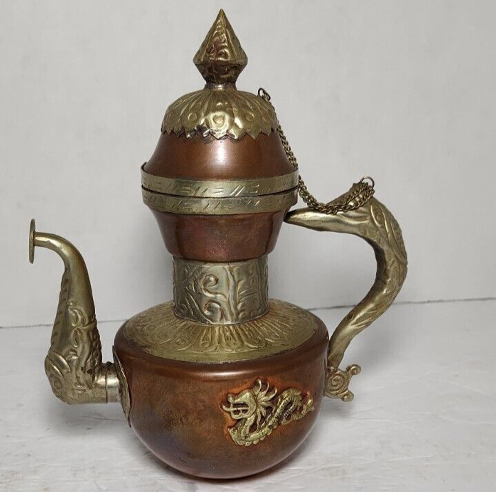 ANTIQUE / VINTAGE COPPER AND BRASS TIBETAN TEAPOT WITH DRAGON