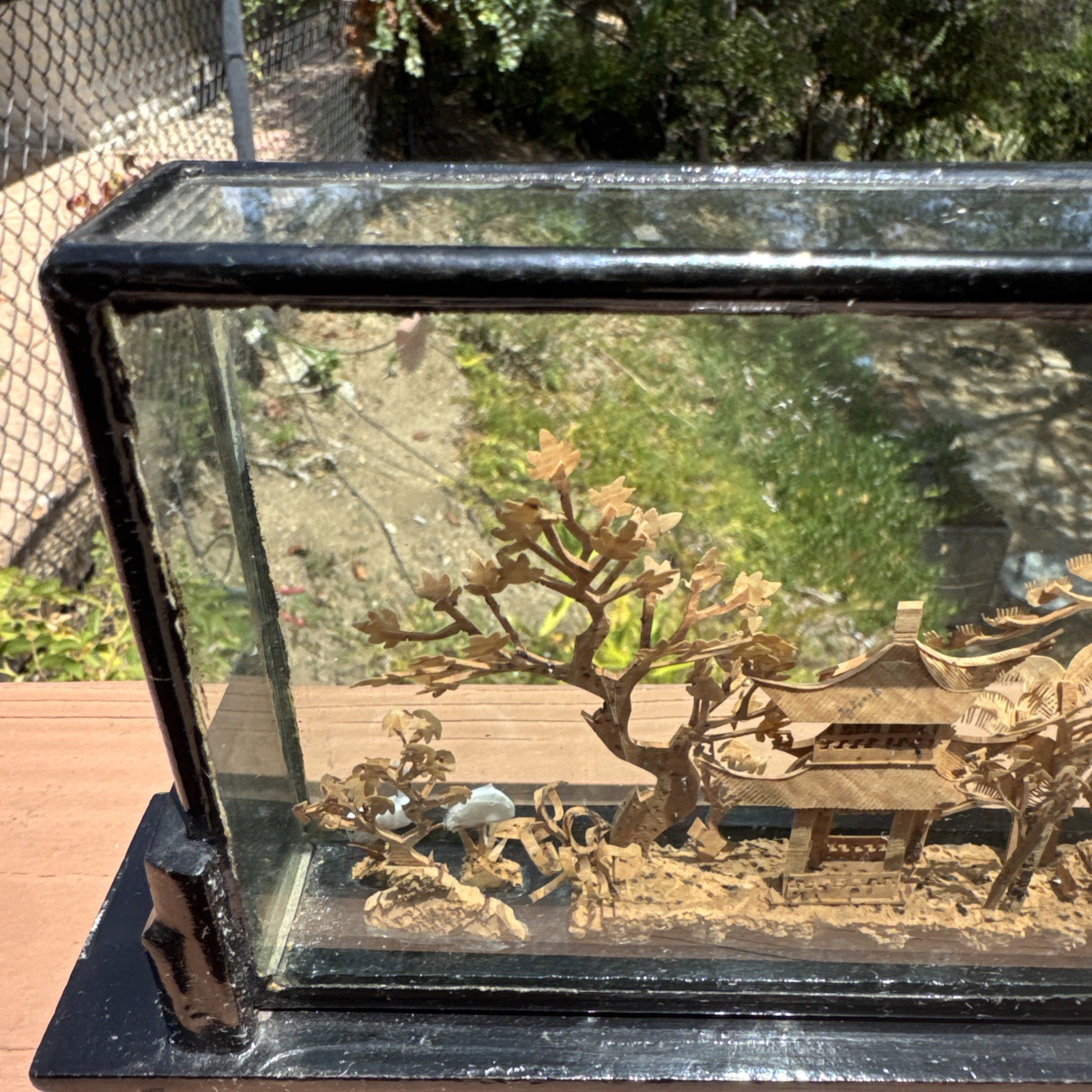 Vintage Chinese Hand Carved Cork Diorama with birds Framed Glass Wood 8” x 5”