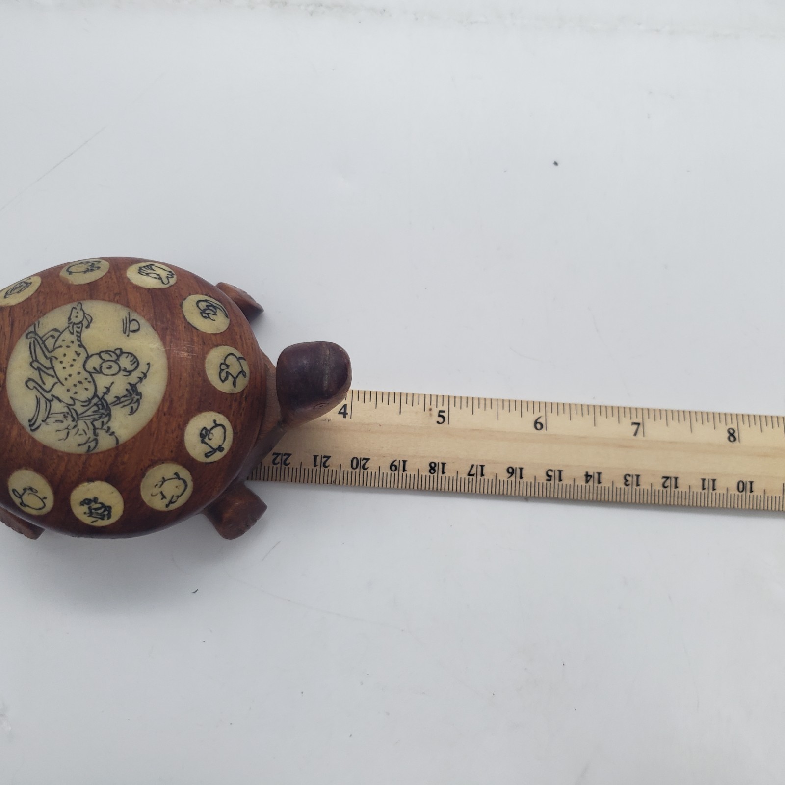 Vintage Carved Wood Turtle with Inlaid Chinese Zodiac Signs Opens to Compass