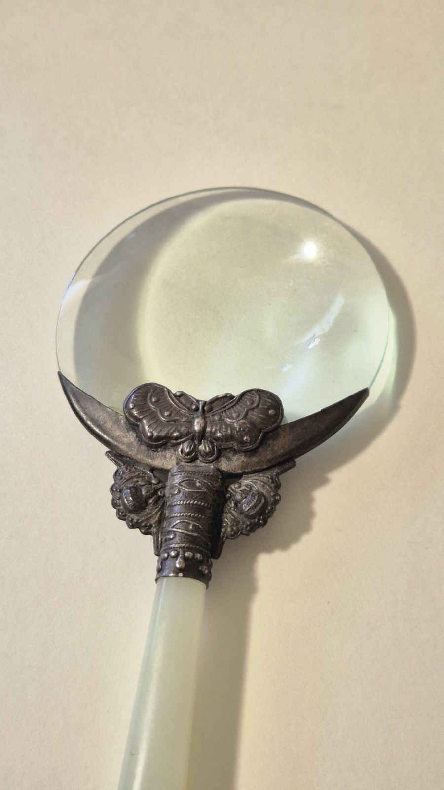 Antique 1900s Jade Stone Handle & Silver Filigree Magnifying Glass Jadeite