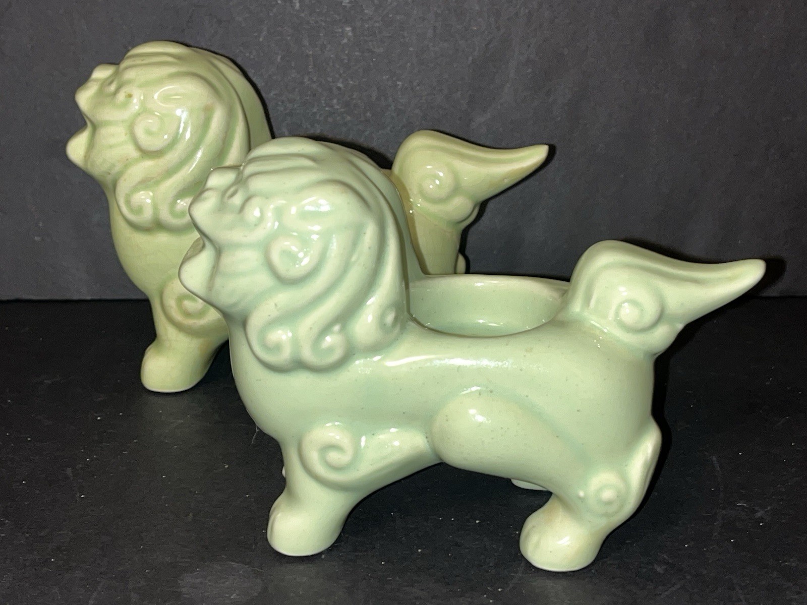 Pair MCM Oriental Foo Dog Tealight Candle Holders Khara Lions Vtg Green Asian