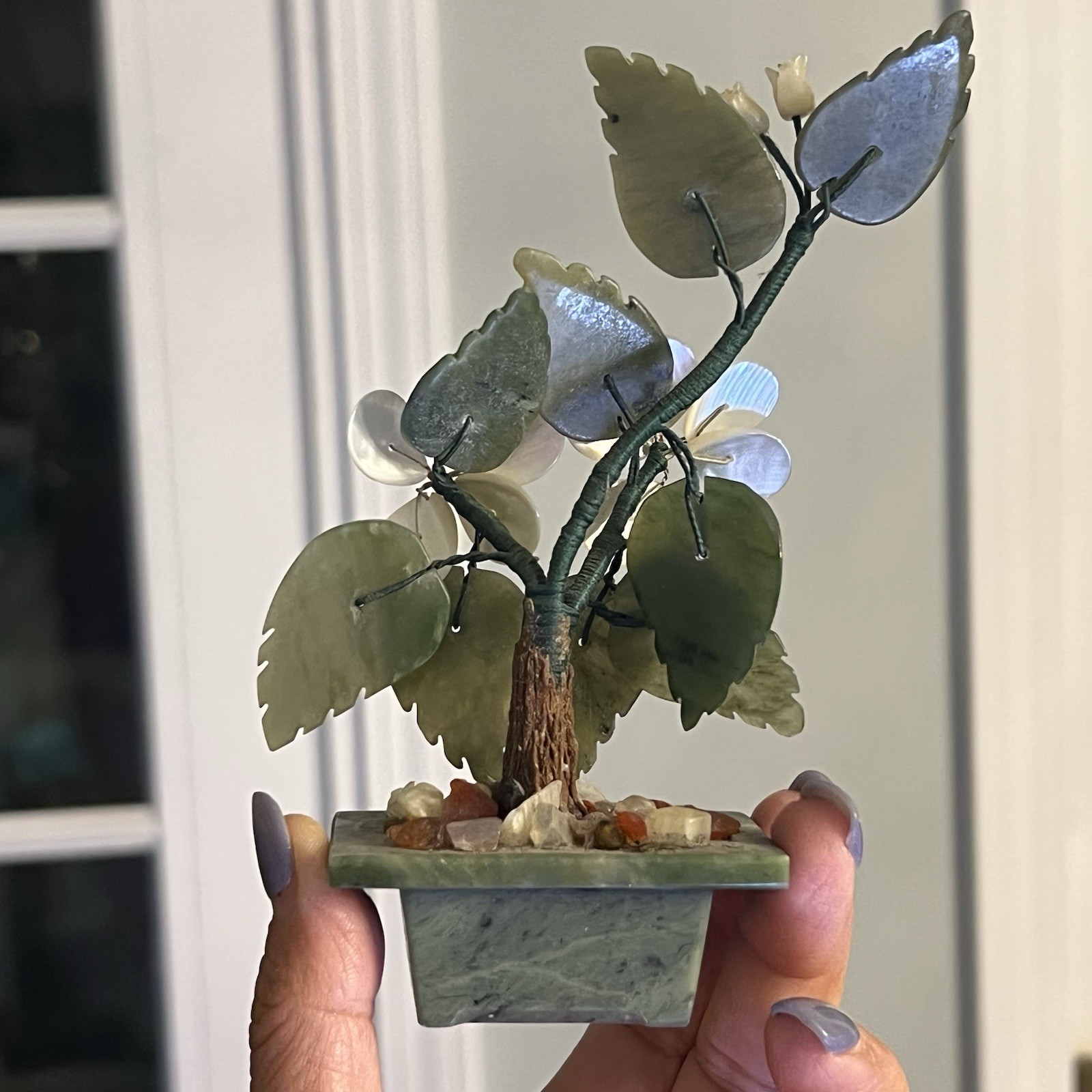Sweet Small Asian Mother of Pearl & Jade Bonsai Tree Figure in Celadon Green Pot