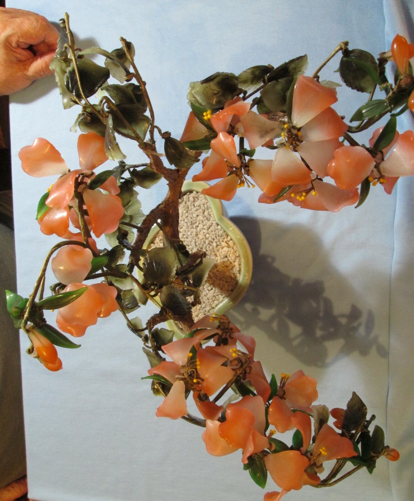 Antique JADE & AGATE Bonsai Tree ~ Asian Flowers in Celadon Pot LARGE 14″ tc