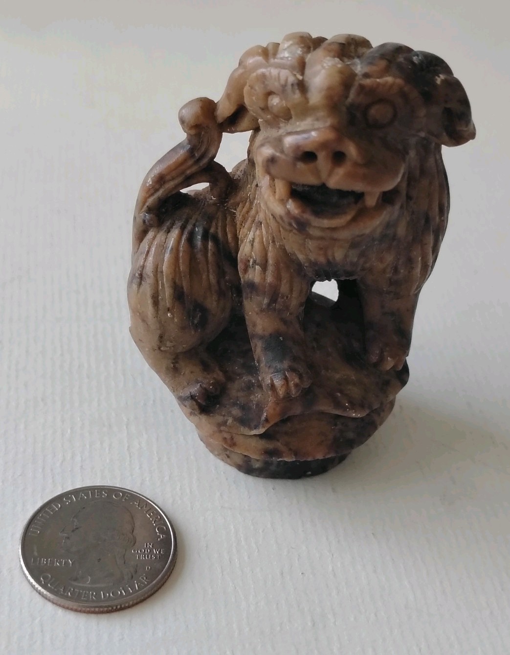 Vintage Chinese Hand Carved Soapstone Incense Burner Top Foo Dog 3″ Figurine