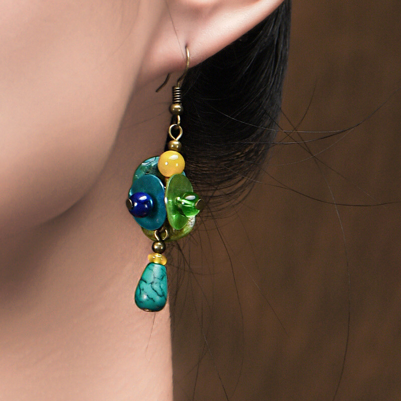 China Coloured Glaze/Turquoise/Conch Flower Tibetan Style Vogue Earbob Earrings