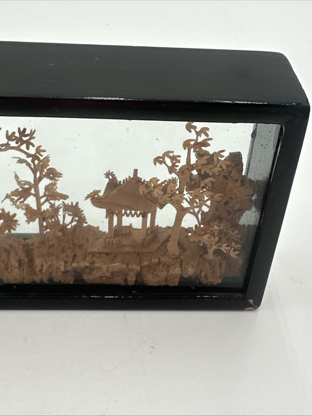 Vintage Chinese Cork Art Shadow Box Pagoda Cranes Scenic Diorama Framed C Detail
