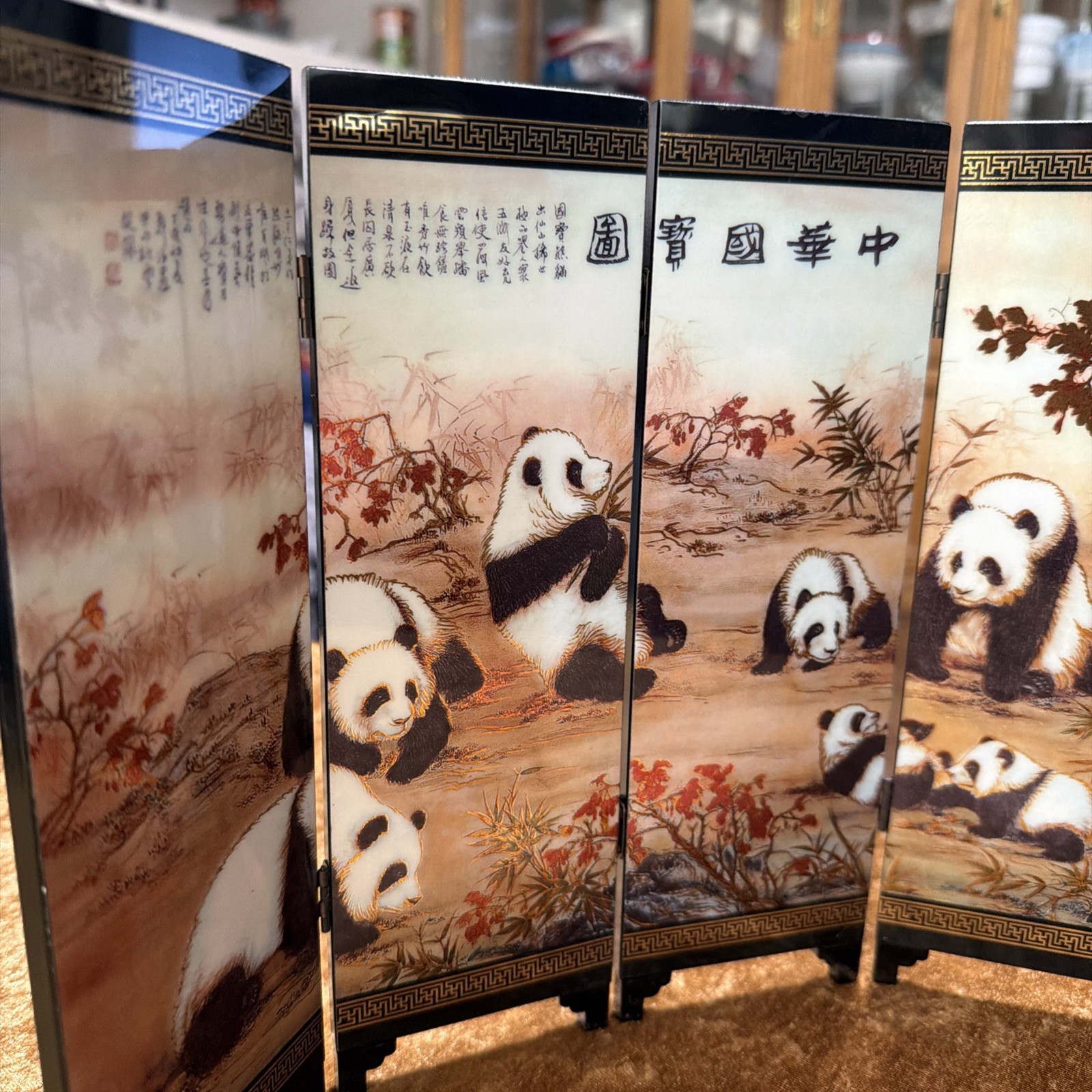 An Imitation Of An Ancient Small Screen 6 Folding Lacquered Panels Giant Pandas