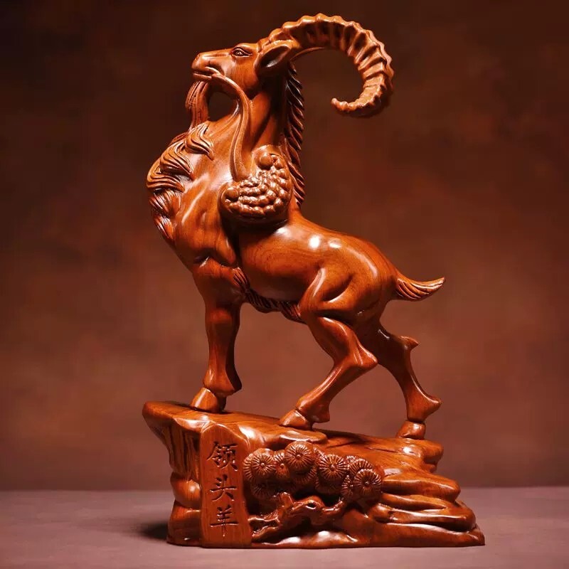 6″ Rosewood Carved Goat Statue Animal Feng Shui Decor
