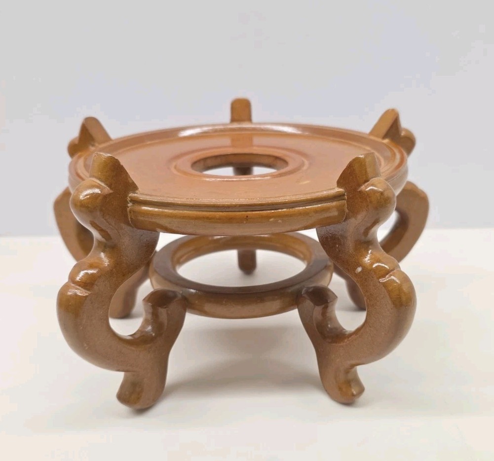 Carved Wood Plant Stand Display Honey Brown Vase Fish Bowl Oriental 9.5″
