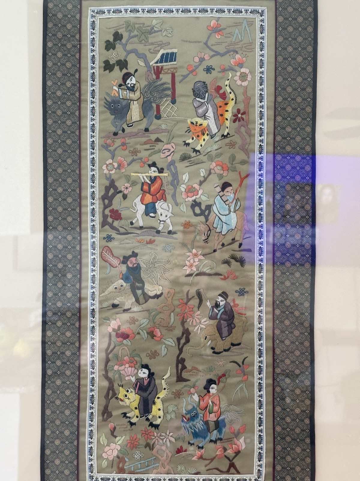 Chinese hand embroidered silk Art Piece Framed. The Actual Piece 27 X 13”