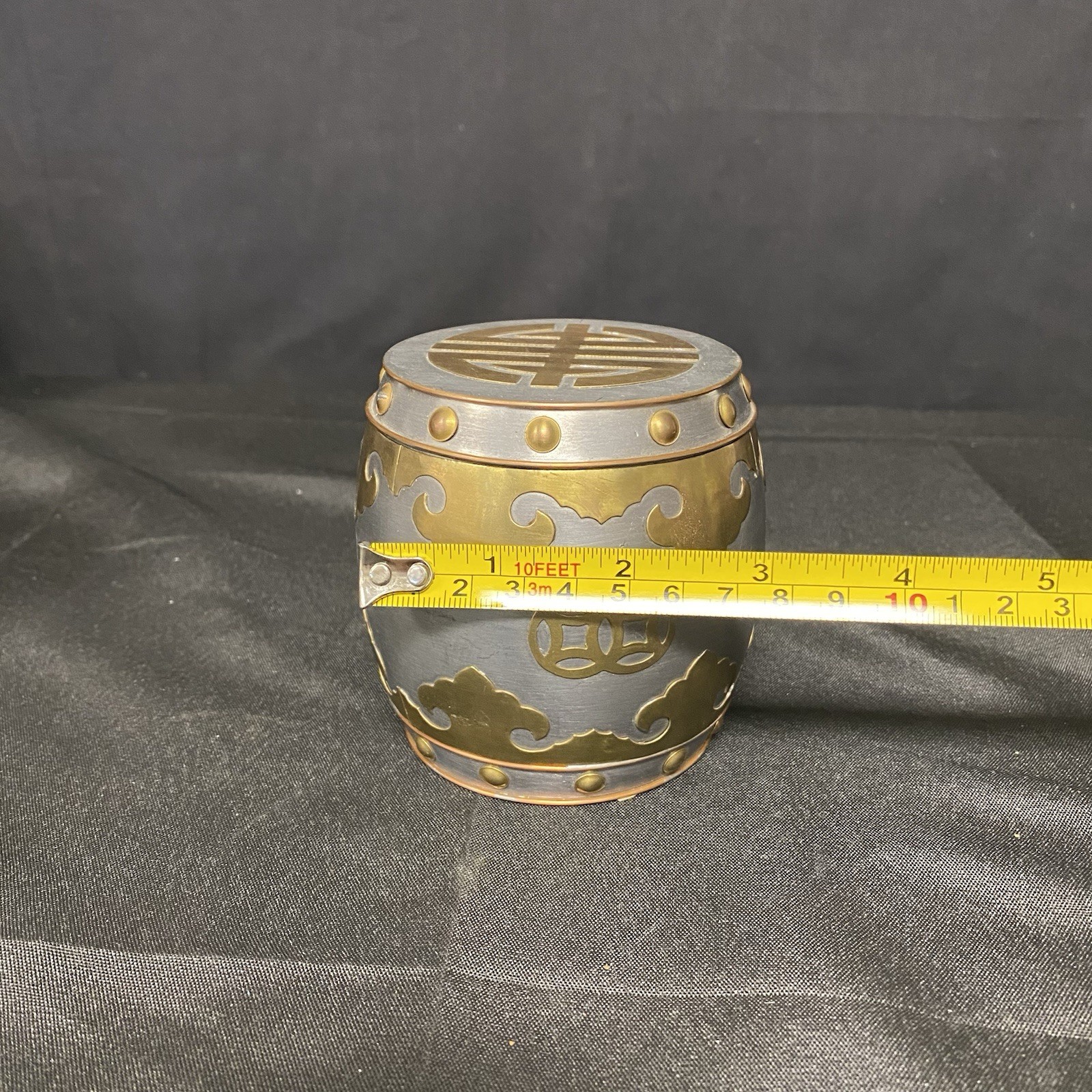 Chinese Solid Pewter & Brass 3.5” Vintage Ornate Tobacco Jar Tea Caddy Hong Kong