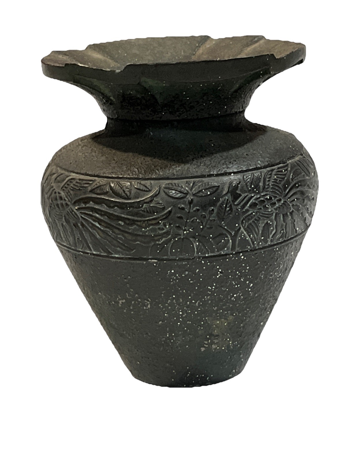 Chinese Stone Cast Vase Metal Decorated Design Iron? Asian Flowers Motif