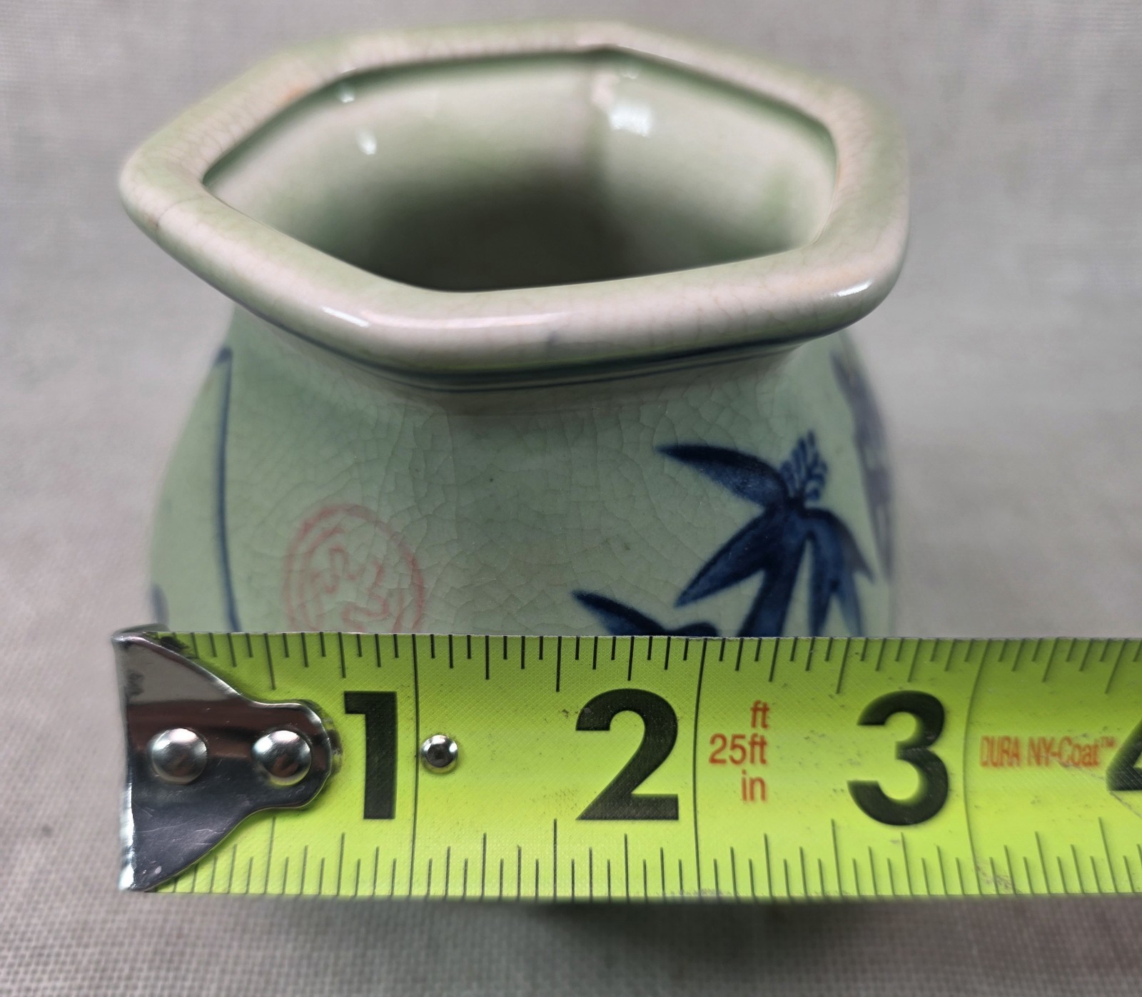 Vintage Chinese Style Celadon Crackle Glaze Bamboo Ceramic Cachepot Planter 3.5″