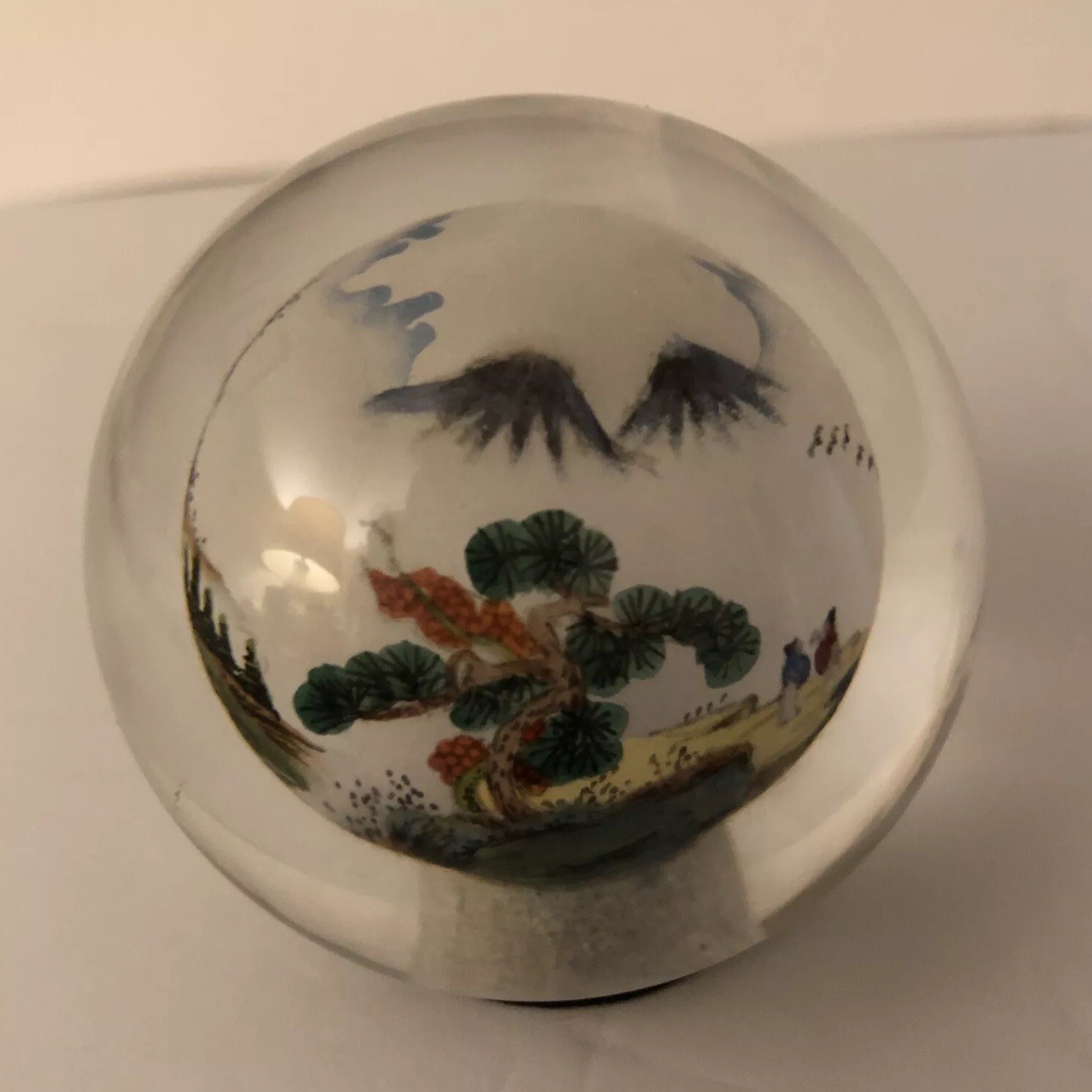 VTG Reverse Painted Glass Ball Sphere Paperweight Oriental Mountain Scene 2”x2”